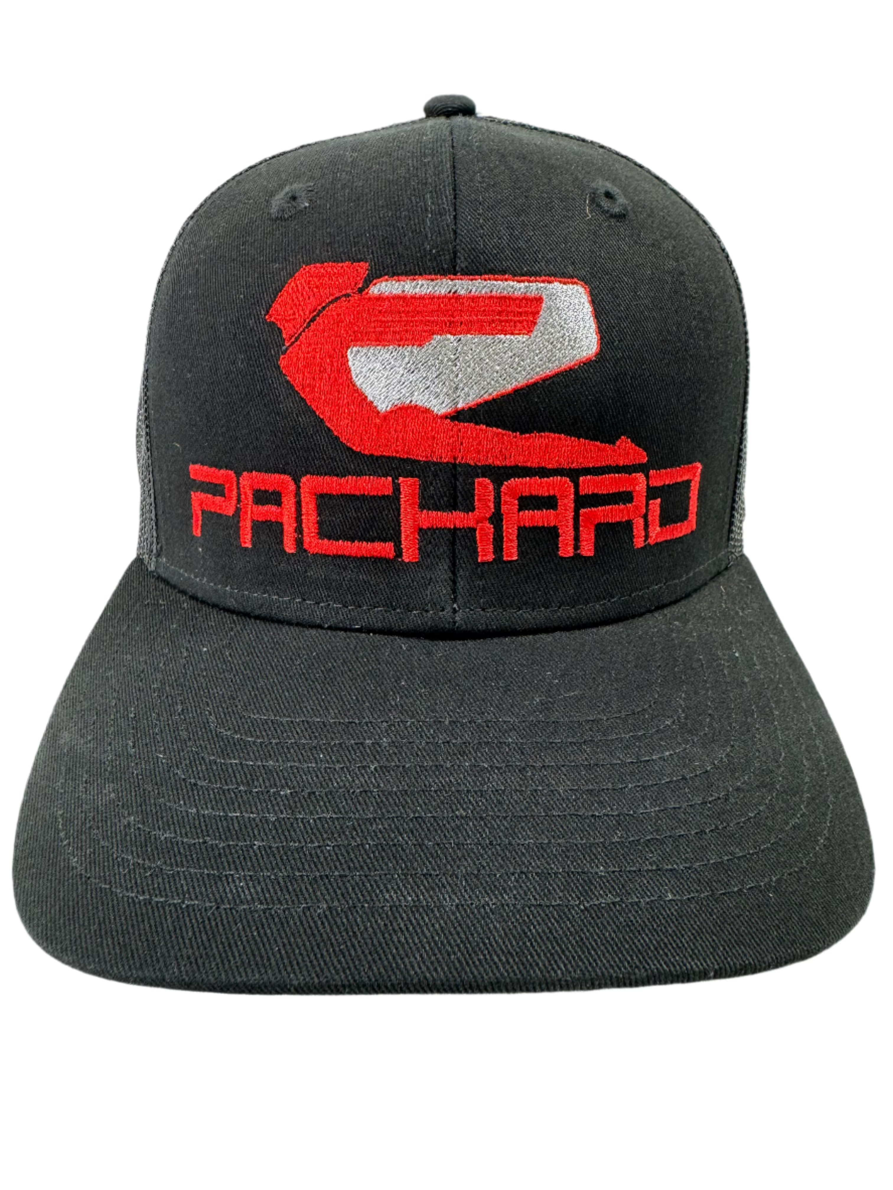 Embroidered Black Trucker Hat Curved Brim Red Logo – Packard